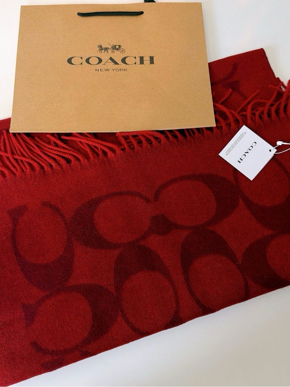 Coach Red Jacquard Signature Fringe Scarf